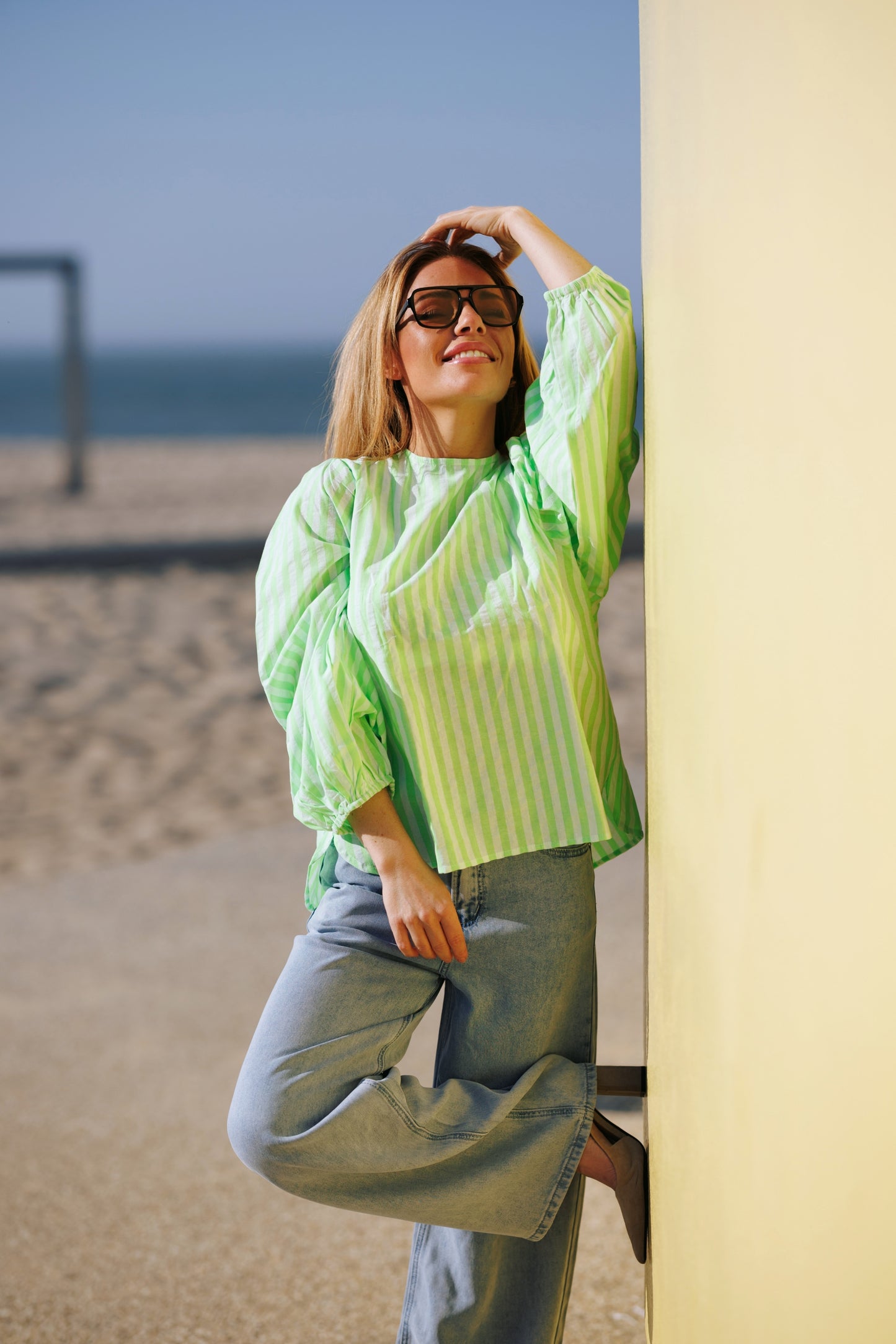 Blouse striped met strik groen