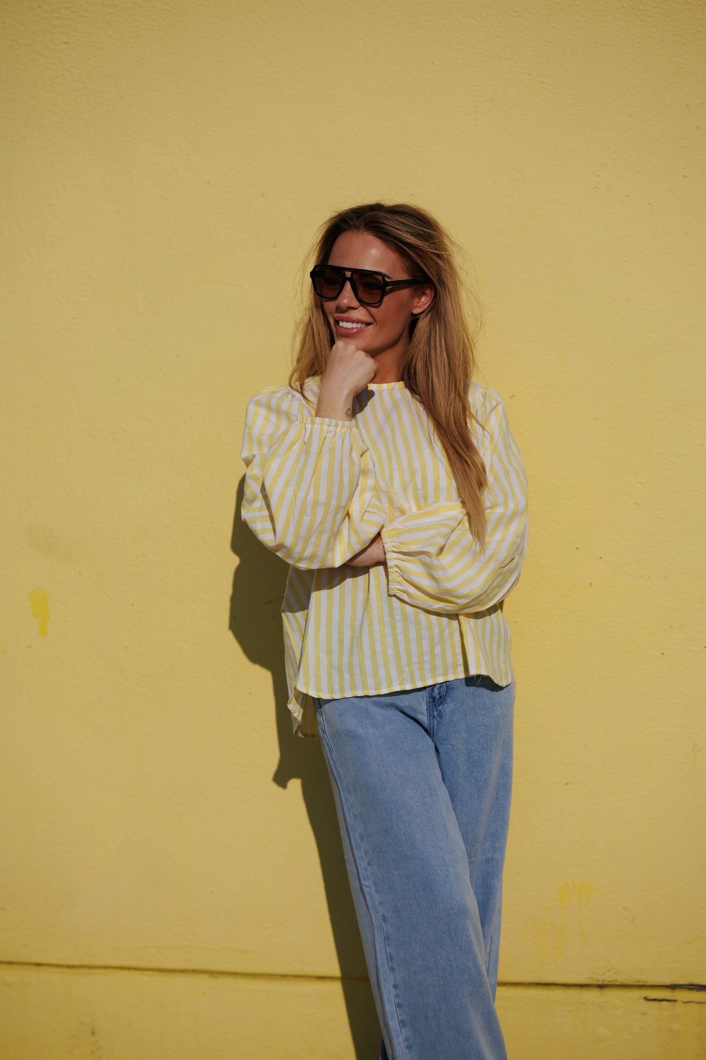 Blouse striped met strik geel