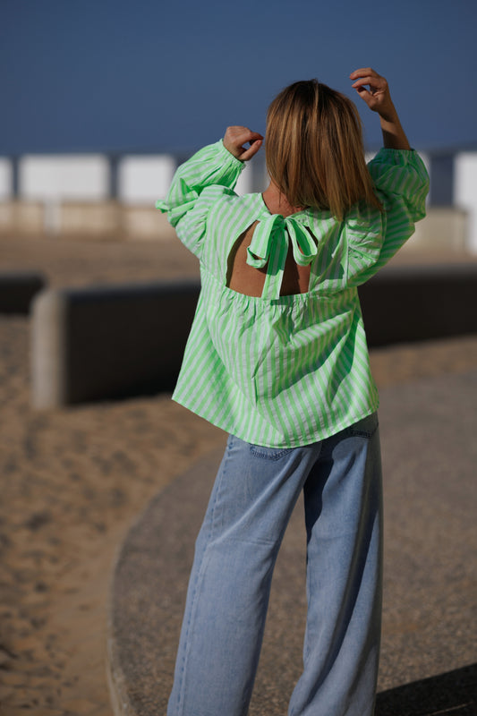 Blouse striped met strik groen