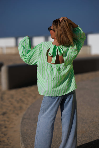 Blouse striped met strik groen