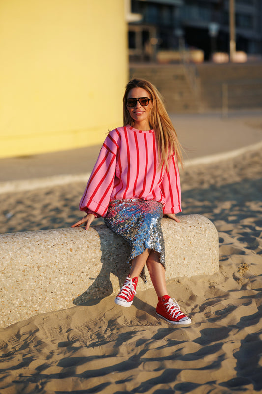 Sweater striped roze/rood