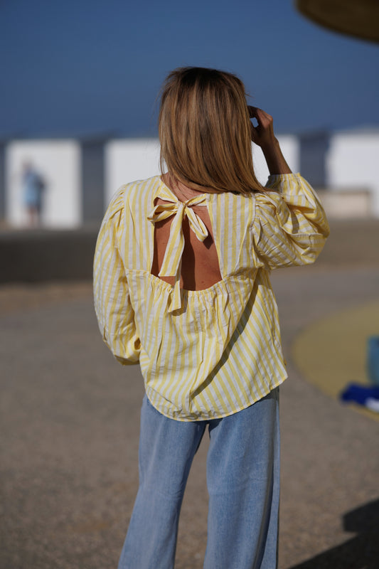 Blouse striped met strik geel